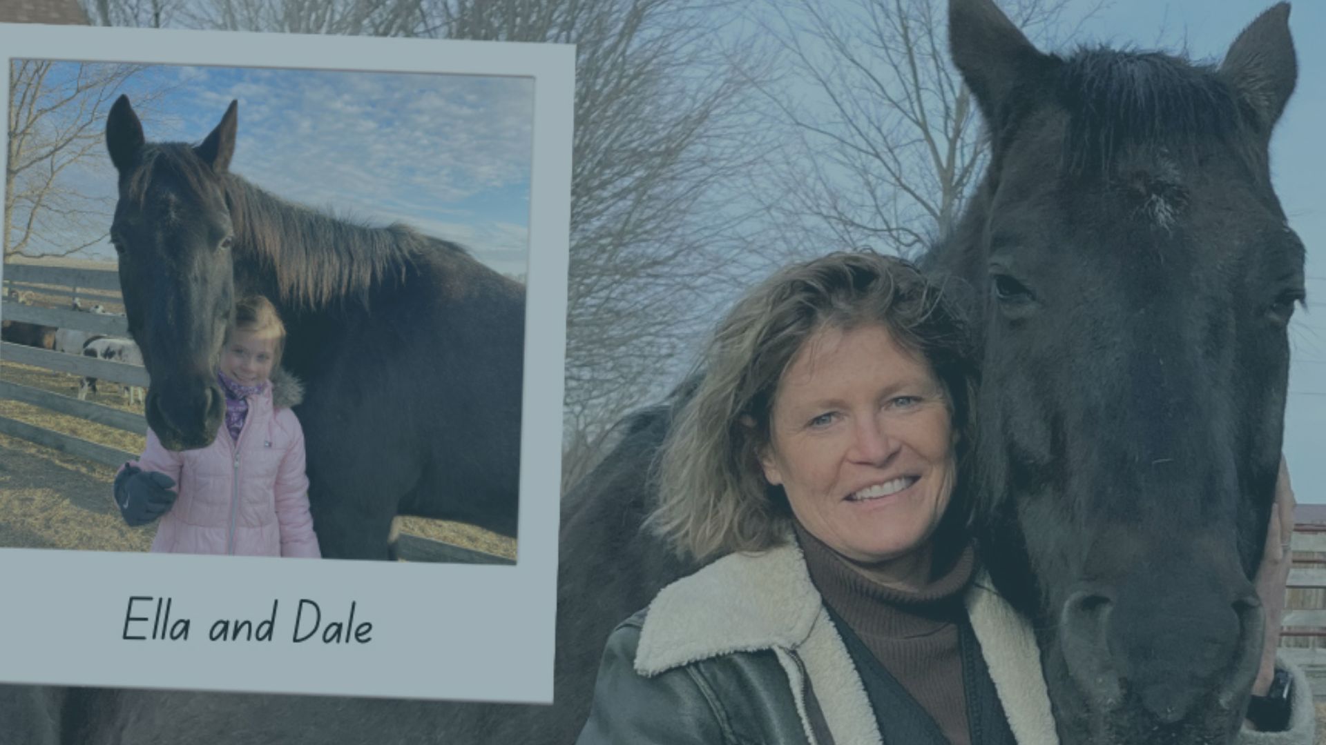 Carol next to black horse with an inlay photo of Ella and Dale